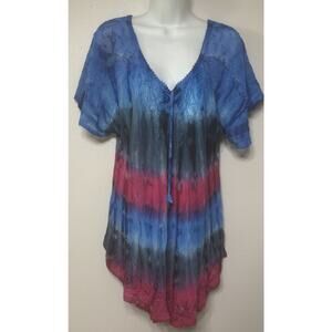 Sakkas Blouse Women’s Turquoise Tie Dye Top Short Sleeve V-Neck One Size NEW